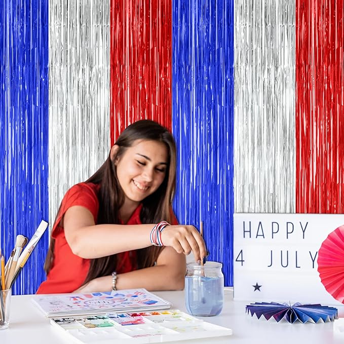 2 Pack 4th of July Party Supplies, 3.28 FT x 7.05 FT 4th of July Tinsel Backdrop, Blue Silver Red Color Fringe Curtains Streamer Backdrop, 4th of July Photo Backdrop Party Decorations