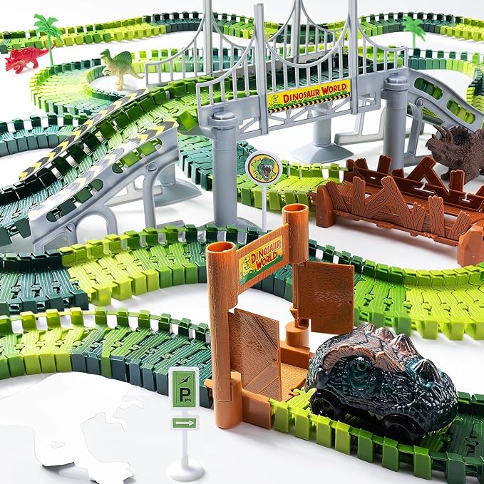 218 PCS Race Tracks Dinosaur Toys for Kids 3-5, Glow in The Dark Magic Toy Set, 2 Dinosaur Cars Track, Flexible DIY Track Set, Birthday Gift for Age 3-9 Boys Toddler Girls