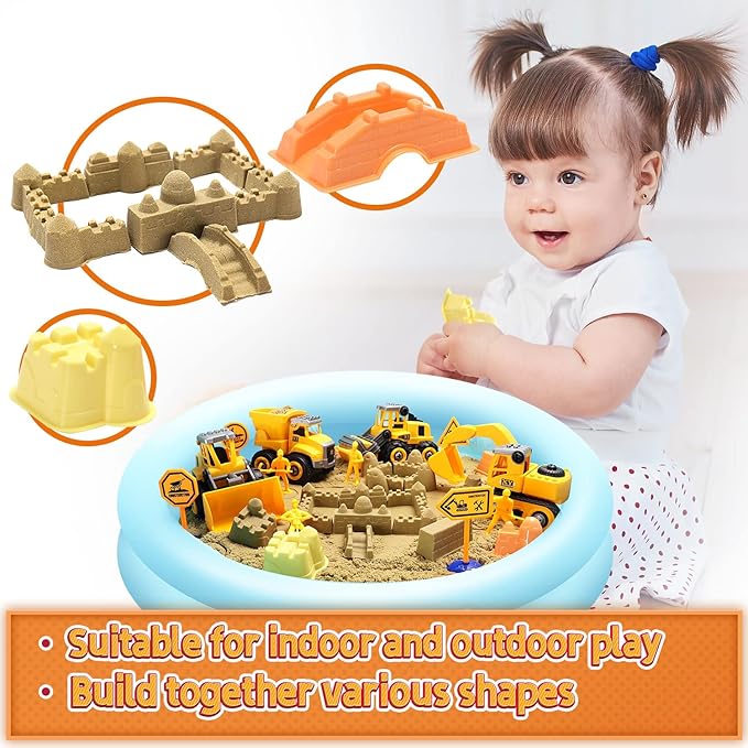Play Construction Sand Kit,2.2lbs Magic Sand W/4 Large Take Apart Construction Trucks,1 Sandbox,8 Worker Figures and Road Signs,8 Molds,Toys for 2-8 Years Old Boys Girls