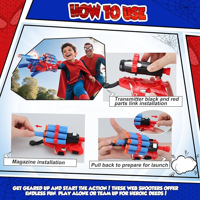 Superhero Wrist Shooter for Kids: 2 Sets Wrist Shoots Toys, Superhero Cosplay Toy Kids Capes and Mask Set Spider Toys for Boys 4-6, Role-Play Costume for Boys and Girls 3-8 Gifts
