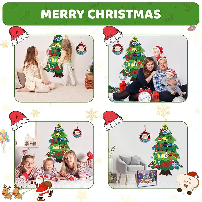 Onekka Felt Christmas Tree Set with 32 Ornaments for Kids, Xmas Gifts, 3.2ft DIY Felt Christmas Tree Wall Hanging Christmas Decorations with String Light (Batteries Not Included)