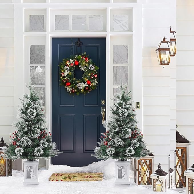 3ft Christmas Tree Pre-Lit Artificial Christmas Tree with Vintage Potted Base, Flocked Snow 78 Warm White LED Lights 8 Lighting Modes, Xmas Holiday Decor for Home, Entrances