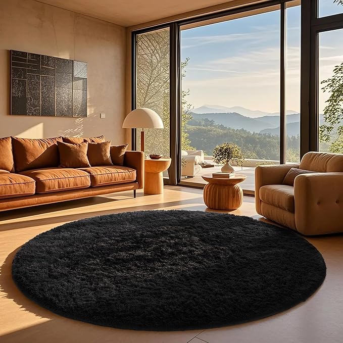 Ophanie Round Rug 7Ft Black Circle Area Rug, Room Decor for Men, Fluffy Fuzzy Bedroom Carpet, Plush Soft Shaggy Living Room Rugs for Kids Home Decor Aesthetic, Nursery
