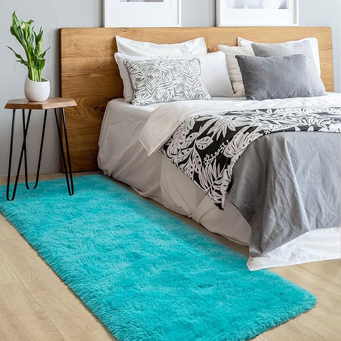 2x6 Blue Fluffy Bedside Runner Rug Machine Washable, Shag Throw Bedroom Rugs Non Slip, Hallway Small Area Long Plush Carpet for Nursery, Kid Boy Girl Room