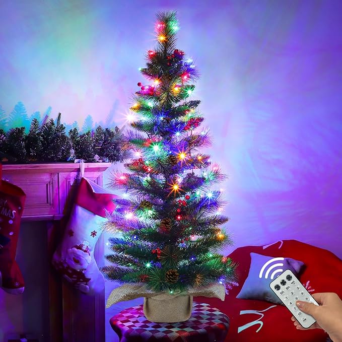 3 Ft Small Christmas Tree Remote Control Artificial Tabletop Christmas Tree 50 Warm White&Colored Lights Battery Operated 12 Modes Timer Pinecones Red Berries Burlap Base Xmas Christmas Decorations