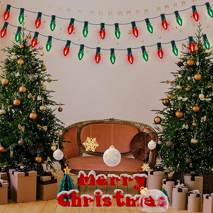 C7 LED Red and Green Christmas Lights 25Ft LED Outdoor String Lights with 27 Clear Red & Green Bulbs, Vintage Christmas Lights for Tree Carnival Patio Wedding Holiday Pathway Roofline Decor