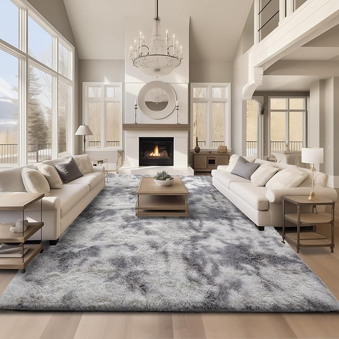 Ophanie Area Rugs 9x12 Living Room, Large Tie-Dyed Grey&White Bedroom Carpet, Big Shag Indoor Thick Soft Nursery Rug, Fluffy Carpets for Boy and Girls Room Dorm Home Decor Aesthetic