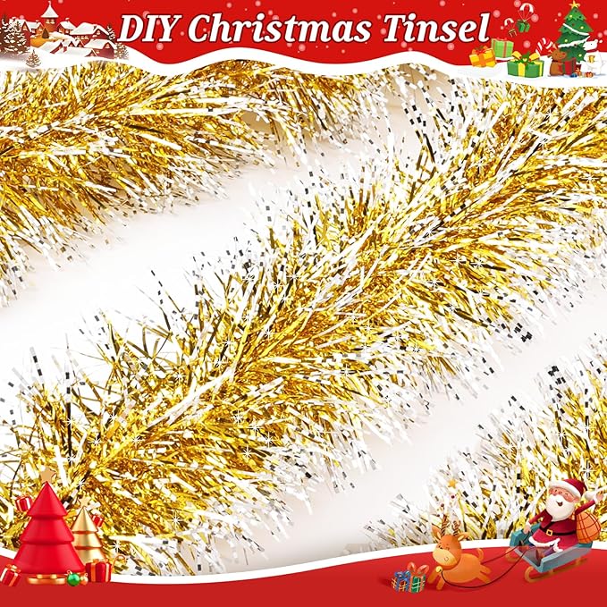 50Ft Christmas Gold and Silver Tinsel Garland Metallic Twist Shiny Garland for Xmas Christmas Tree Ceiling Hanging Decorations Holiday Wedding Home Party Supplies Indoor Outdoor Decor