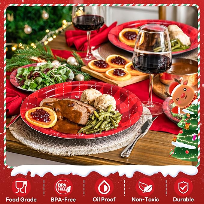 Gezond 200 Pcs Christmas Paper Plates and Napkins, Christmas Tree Red Plaid Disposable Plates, Incloud Dinner Plate Dessert Plate and Napkins for Holiday Party Supplies Serve 50