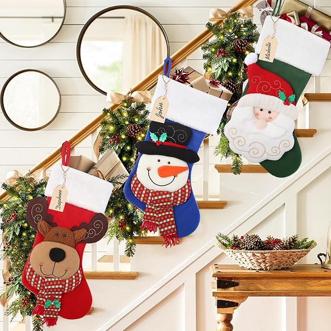 Christmas Stocking,21 inch Christmas Stockings with Wood Name Tag,3D Reindeer Christmas Stocking,for Family Holidays and Christmas Tree Fireplace Decoration(Red)