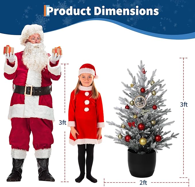 3 Ft Pre-Lit Christmas Tree, Artificial Christmas Trees with Lighting, Xmas Trees with Lights, Christmas Decoration for Home, Office, Easy Assembly