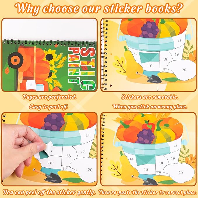 90shine 2PCS Fall Crafts for Kids Sticker Books Ages 4-8 Autumn Thanksgiving Themed Designs Party Gift Create 22 Pictures