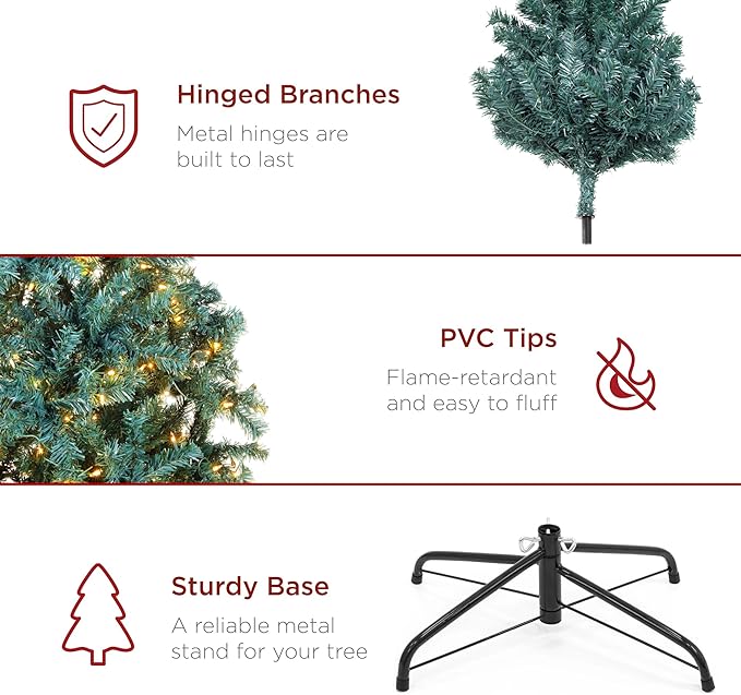 Best Choice Products 7.5ft Pre-Lit Blue Spruce Christmas Tree, Artificial Full Hinged Decor, Holiday Decoration w/ 420 Warm White Incandescent Lights, 1,384 Tips, Foldable Metal Base