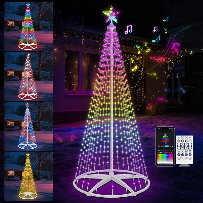 Smart Lighted Christmas Tree, 7.5Ft 310 LEDs Prelit Cone Tree Lights with Music Sync, Remote & APP Control, Million Colors DIY Artificial tree, Christmas Light Show Tree for Indoor Outdoor Decorations