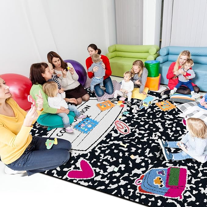 5 x 7.6 ft Large Classroom Rug Composition Book Elementary Educational Area Rug Kids Room Children Classroom Carpet Playroom Learning Colorful Square School Decor Seating Carpet 7 Seats