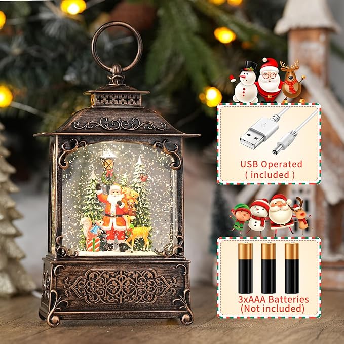 Snow Globe with Santa Claus Reindeer, Light Up Christmas Snow Globes with Music Timer - USB Plug or Battery Operated Glitter Globe Indoor Christmas Decorations