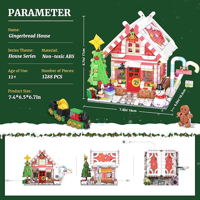 Gingerbread House Building Blocks for Girls Age 8-12 with LED Lights, Dark Pink Christmas Village House Blocks Set with Christmas Tree and Train, 1288 Pcs