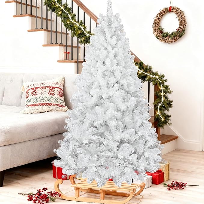 8ft White Christmas Tree with 1430 Steel Branch Tip,Unlit Premium Full Hinged Spruce Christmas Tree with Foldable Base, Artificial Xmas Tree for Easy Holiday Setup