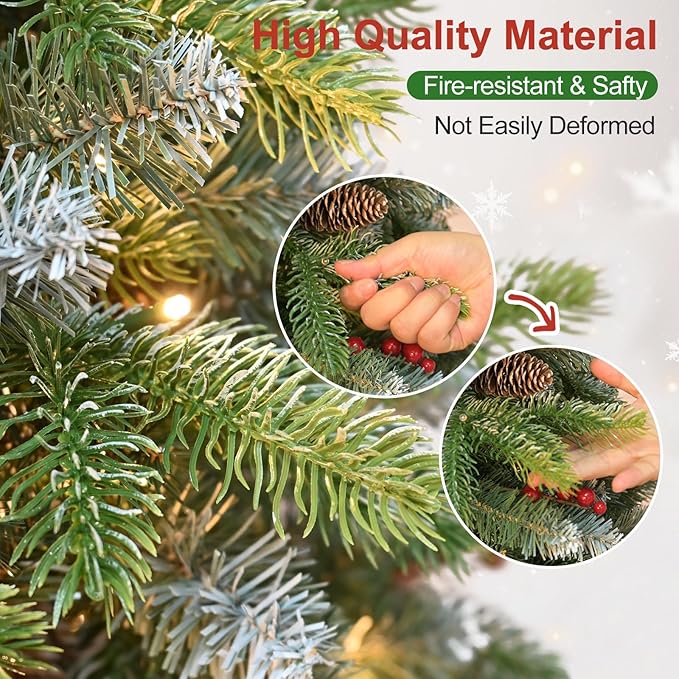 7.5Ft Pre-Lit Artificial Christmas Tree Fully Pre-Decorated with 2514 Flocked Frosted Tips, 83 Berries, 83 Pine Cones, 500 Lights, Realistic Xmas Tree with Metal Hinges& Floded Stand