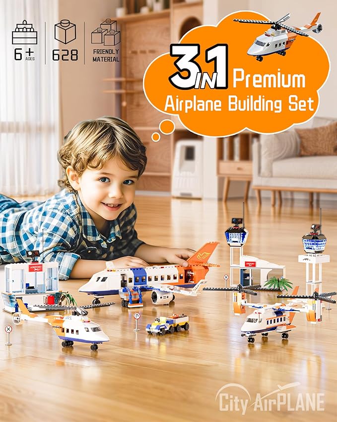 3 in 1 City Passenger Airplane Building Set 628 PCS, Osprey V-22 or Holicopter Building Kits, Terminal and Signs Airplane Playset Gifts for Kids, Aviation Lover,Home & Office Decoration
