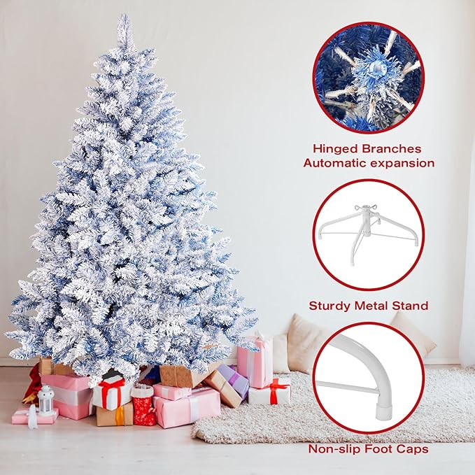 6ft Premium Hinged Artificial Holiday Christmas Tree for Home, Office, Party Decoration Snow Flocked Xmas Pine with 1,000 Branch Tips, Easy Assembly, Metal Hinges & Base (Blue)
