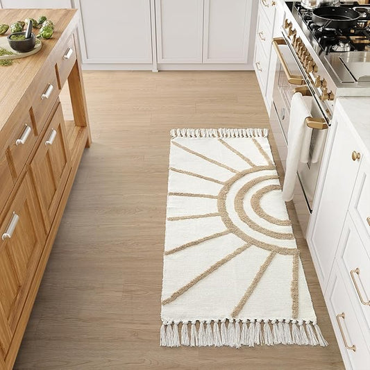 Ojia Boho Bathroom Runner - 2'X4.3', Handwoven Washable Tan Kitchen Rug with Tassels, Bohemian Cotton Accent Throw for Entryway/Floor Carpet