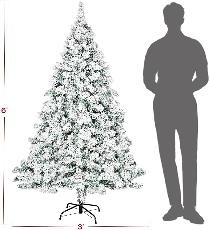 6ft Premium Hinged Artificial Holiday Christmas Tree for Home, Office, Party Decoration Snow Flocked Xmas Pine with 1,000 Branch Tips, Easy Assembly, Metal Hinges & Base (White)