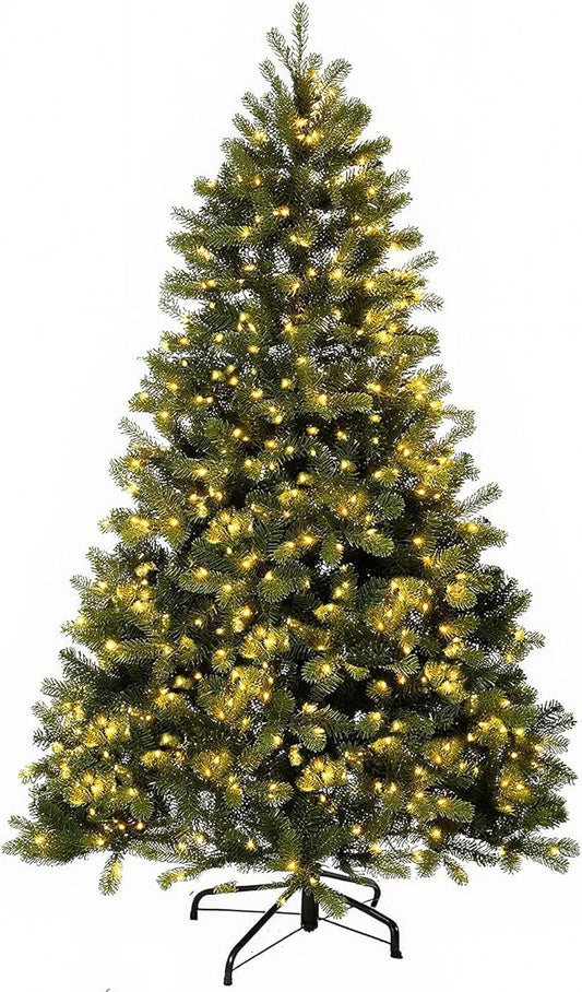 6.5FT Pre-Lit Artificial Christmas Tree with 650 White Lights,1227 Mixed PE&PVC Branch Tips,Green Full Downswept Douglas Fir Xmas Tree,Foldable Metal Base for Home, Party Holiday Décor