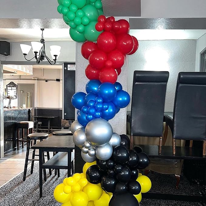 60 Pack Balloons Red Yellow Green Blue Black Party Balloons with Metallic Silver Helium Balloon, Rainbow Colorful Latex Balloons Set for Kids Birthday Carnival Themed Decorations
