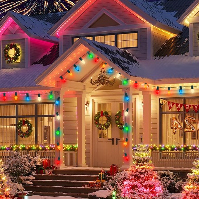 50FT C7 LED Christmas Decorations Lights Outdoor, Multicolor Christmas Lights Green Wire with 50+5 Multicolored C7 LED Light Bulbs, Vintage Decor Light for Xmas Tree Home Yard Party Decor, E12 Base