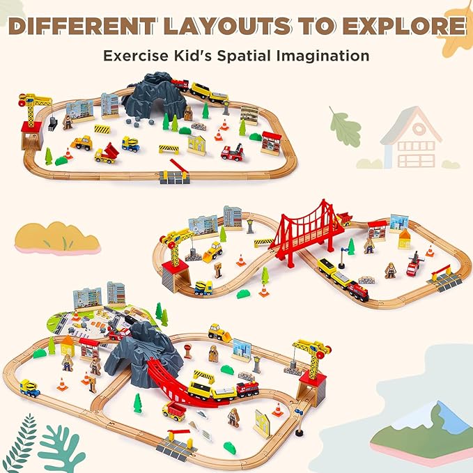 SainSmart Jr. 112PCS Wooden Train Set - Construction Theme Toy Train for Toddler, Train Tracks Compatible with All Major Brands, Ideal Railway Playset for Boys and Girls Idea