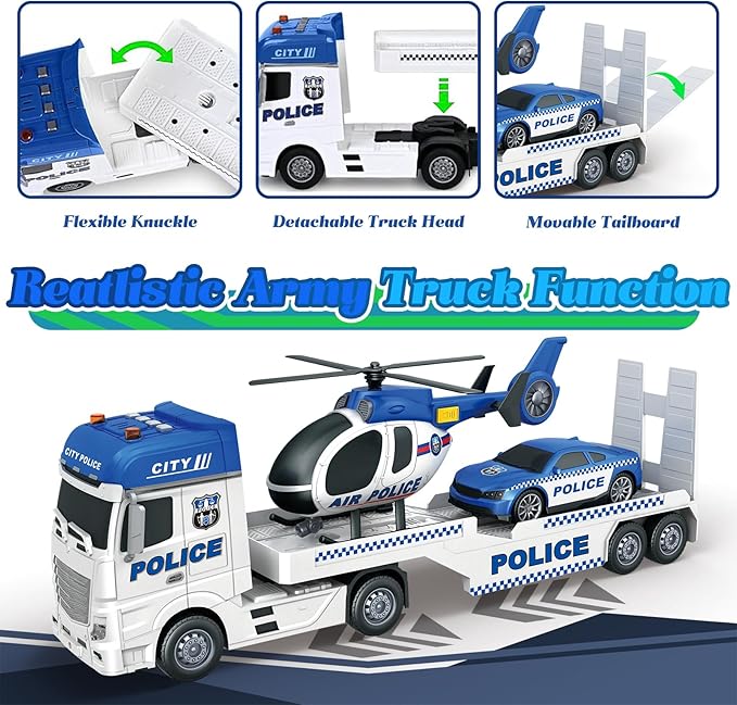 3-in-1 Police Truck Toys for Kids Ages 3-6 - Inertia Semi Trailer with Racing Car & Helicopter, Light and Sound Play Vehicles