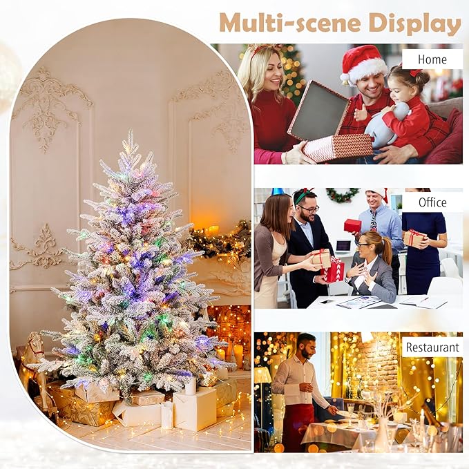 GOFLAME 4.5ft Pre-Lit Christmas Tree Snow Flocked, Hinged Artificial Xmas Tree with 436 Branch Tips, 160 Multi-Color LED Lights, 8 Lighting Modes, Holiday Decoration Tree for Home Office Party