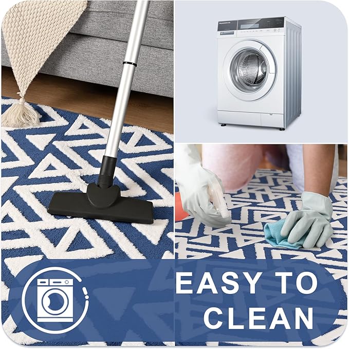 Ompaa Ultra Soft Shaggy Rugs Memory Foam Bedroom Carpet, Blue 7 x 10 Feet Large, Plush Geometric Textured Area Rugs for Living Room Couch Dorm Bedside Kids Girls Teens Room Nursery Decor Floor Mat