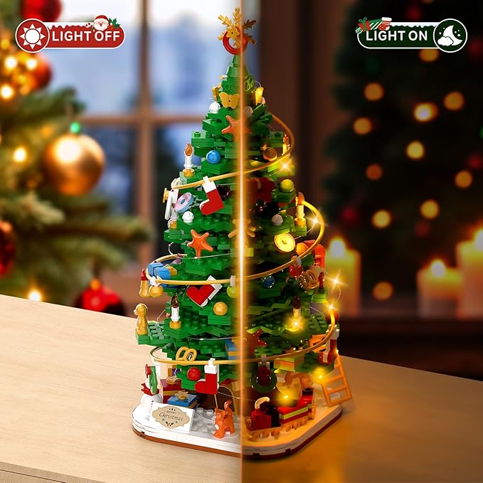 Christmas Tree with LED Light Building Blocks, Compatible with Lego Christmas Ornaments Set for Tabletop Home, Wreath Snowflake Xmas Decoration Stocking Stuffers Toy for Boys Girls Adults