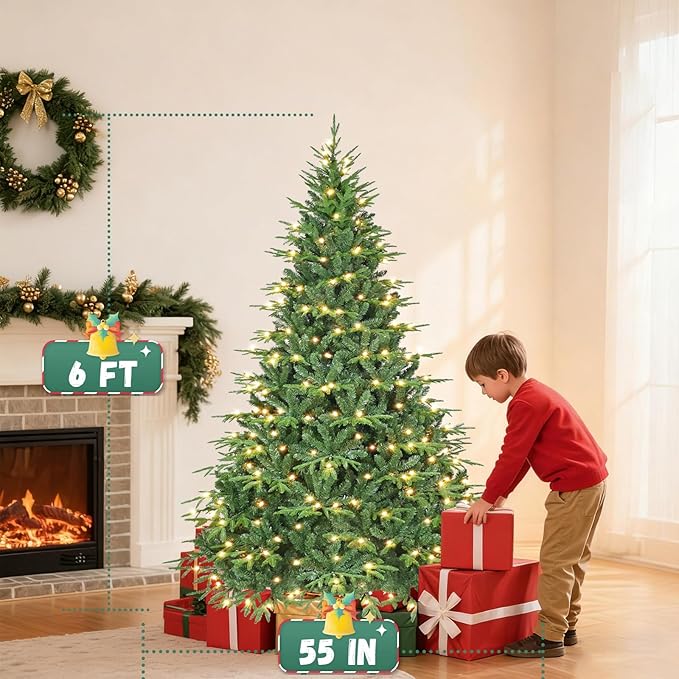 Prelit Artificial Full Christmas Tree 6FT with 2056 PE PVC Tips, Premium Pre-Lit Holiday Xmas Tree with 400 UL Incandescent Lights, Metal Hinges & Foldable Base for Home Office Party, Green