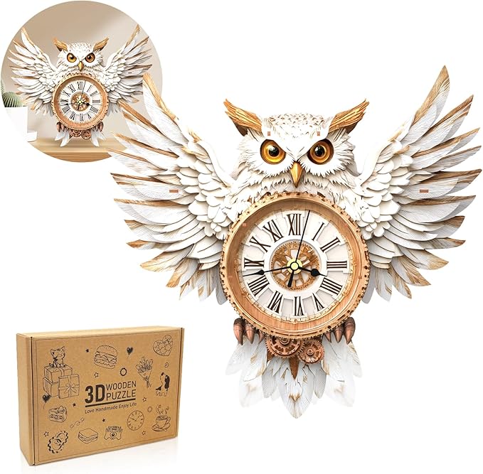 3D Puzzles for Adults Clock-Snowy Owl Design Model Kit-Mechanical DIY Pendulum Clock with Roman Numerals-Desk Home Office Decor Personalized Gift for DIY Lovers