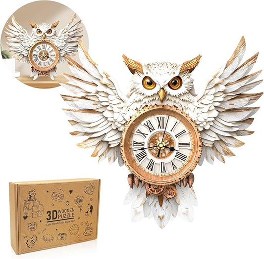 3D Puzzles for Adults Clock-Snowy Owl Design Model Kit-Mechanical DIY Pendulum Clock with Roman Numerals-Desk Home Office Decor Personalized Gift for DIY Lovers