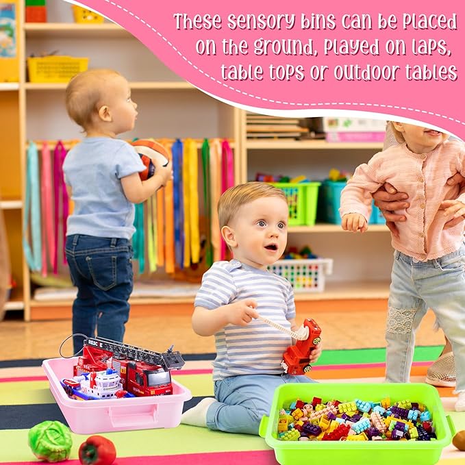 2 Pcs Sensory Bin Sand Tray with Lid for Plastic Sandbox Toy Fill with Water, Sand, Beads and More, for Indoor Outdoor Activities Play(Pink, Turquoise)