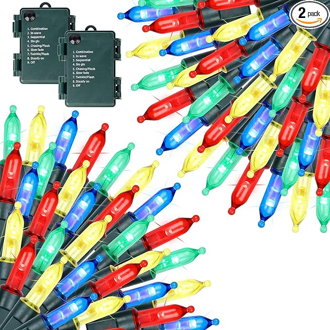 Joliyoou 2 Packs Total 100 LEDs 32ft Multicolored Christmas String Lights, Battery Operated Christmas Mini String Lights with 8 Lighting Modes, Indoor Outdoor LED Xmas Fairy String Lights with Timer