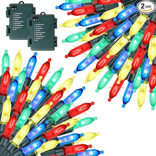 Joliyoou 2 Packs Total 100 LEDs 32ft Multicolored Christmas String Lights, Battery Operated Christmas Mini String Lights with 8 Lighting Modes, Indoor Outdoor LED Xmas Fairy String Lights with Timer