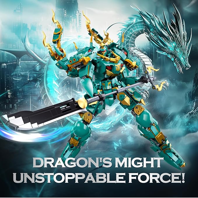 Mech Building Set, Green Dragon Samurai Ninja Action Figure for Adults, Collectible Robot Gift for Kids Ages 8+, Compatible with Lego Mech Set, 704 PCS