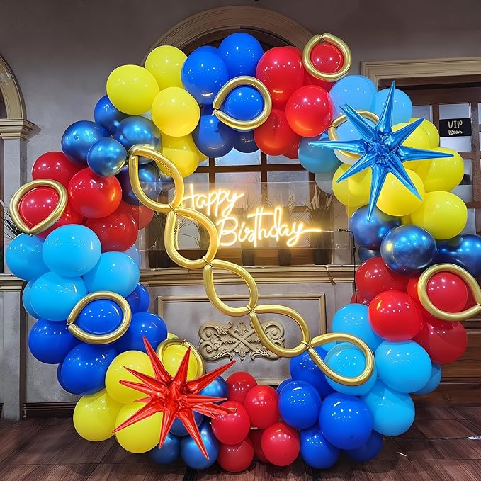 126Pcs Red Blue Yellow Balloon Arch Kit, Cartoon Hedgehog Theme Primary Color Balloon with Gold Circle Explosion Star Foil Balloon Garland Set for Boys Kids Carnival Circus Birthday Party Decorations