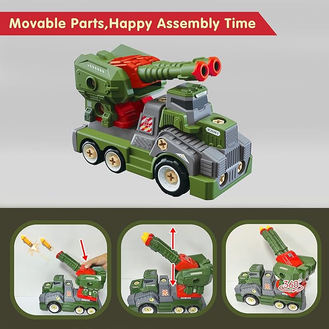 11inches Large Take Apart Trucks Army Toys for Boys Girls Kids 3-10 Year Old Missile Vehicles Anti Aircraft Trucks Toys with Electric Drill Assembly Toy