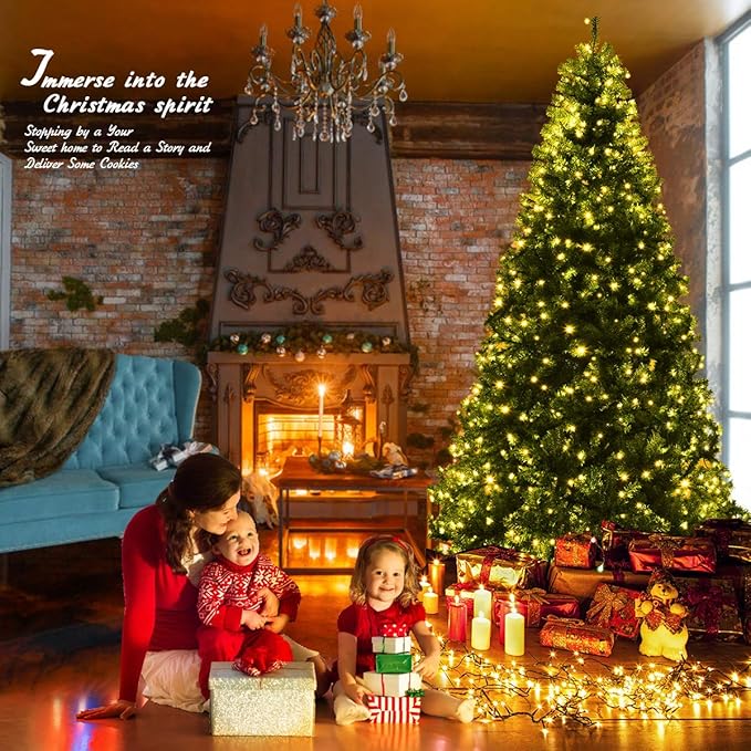 COSTWAY 9 FT Pre-lit Christmas Tree, Artificial Xmas Tree with 1000 Warm White & Multicolored Lights, 11 Modes, 2944 Branch Tips, Metal Support, Holiday Decoration Fake Tree for Home, Office, Party