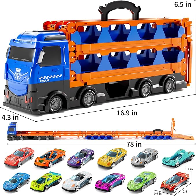 Carrier Truck Race Track Boys Toys, 78-Inch Toy Truck Transport Car Race Track & 12 Die-Cast Metal Toy Cars, Toddler Truck Car Toys Track Set Gifts for Age 3 4 5 6+ Years Old Kids Boys Girls