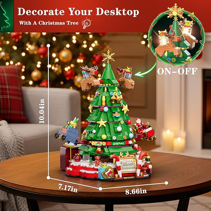 Christmas Tree Building Set with Lights, Christmas Tree Building Blocks Set with Music Box, Flying Reindeer, and Santa Claus Riding a Sleigh, Christmas Toy for Kids 8+ (881 PCS)