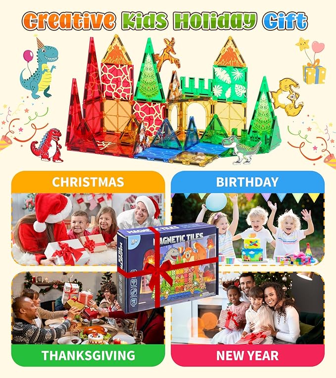 Dinosaurs Toys Magnetic Tiles for Kids 3-5, Dino,King Kong and Godzilla Animals World Construction Tile for Toddlers Ages 5-7, Magnet Building Blocks for Boys Girls Ages 3+ 4-8 8-12 Year Old