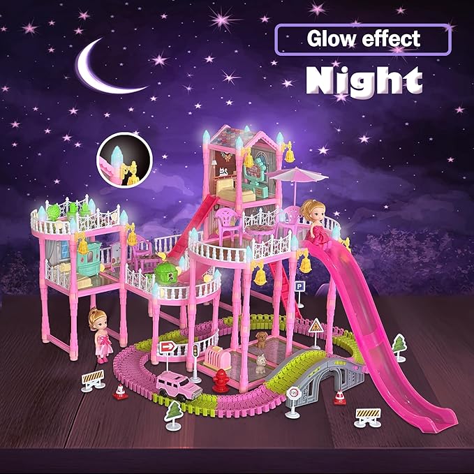 Dream Dollhouse, Racing Track, Dolls House playset with Toy Furniture and 3 Level Slide, Furniture, 1 Doll and 1 Buggy Toy and 10+ Tracks Pet and Puppy Play Area 7 Rooms