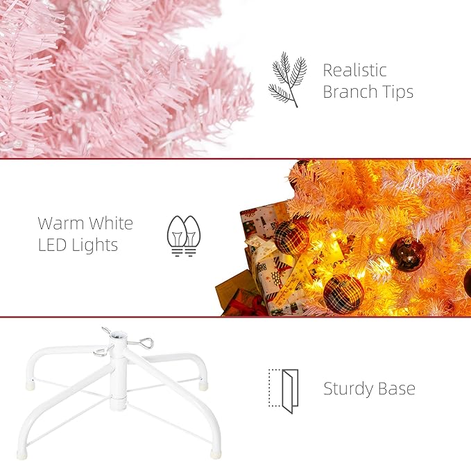 HOMCOM 6' Tall Prelit Christmas Tree Douglas Fir Artificial Christmas Tree with Realistic Branches, 250 Warm White LED Lights and 1000 Tips, Pink